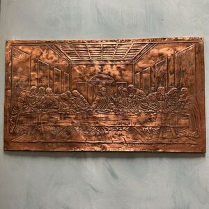 Vintage Last Supper Copper Embossed Relief 1960s MCM Jesus Wall Art Wood Plaque
